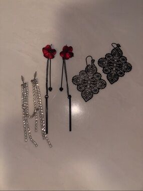 Set of Three Earrings — Red Flower, Black Filigree & Silver Rhinestones